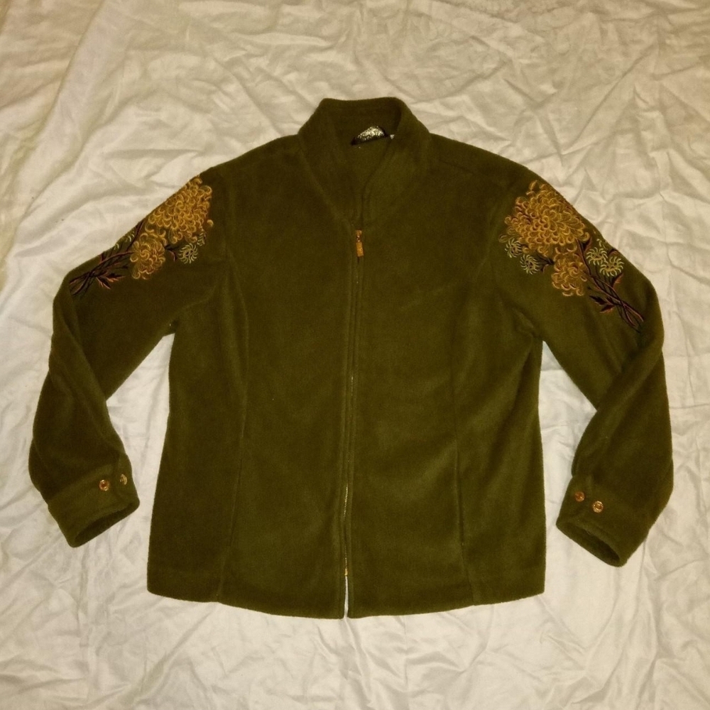 Olive Green Embroidered Fleece Jacket